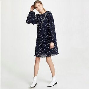 GANNI Pleated Georgette Polka Dot Mini Dress